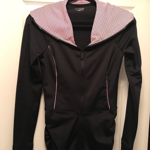 Bebe Sport Black Jacket with White Collar Pink & Black Stripes Ruched Bottom - Picture 2 of 10